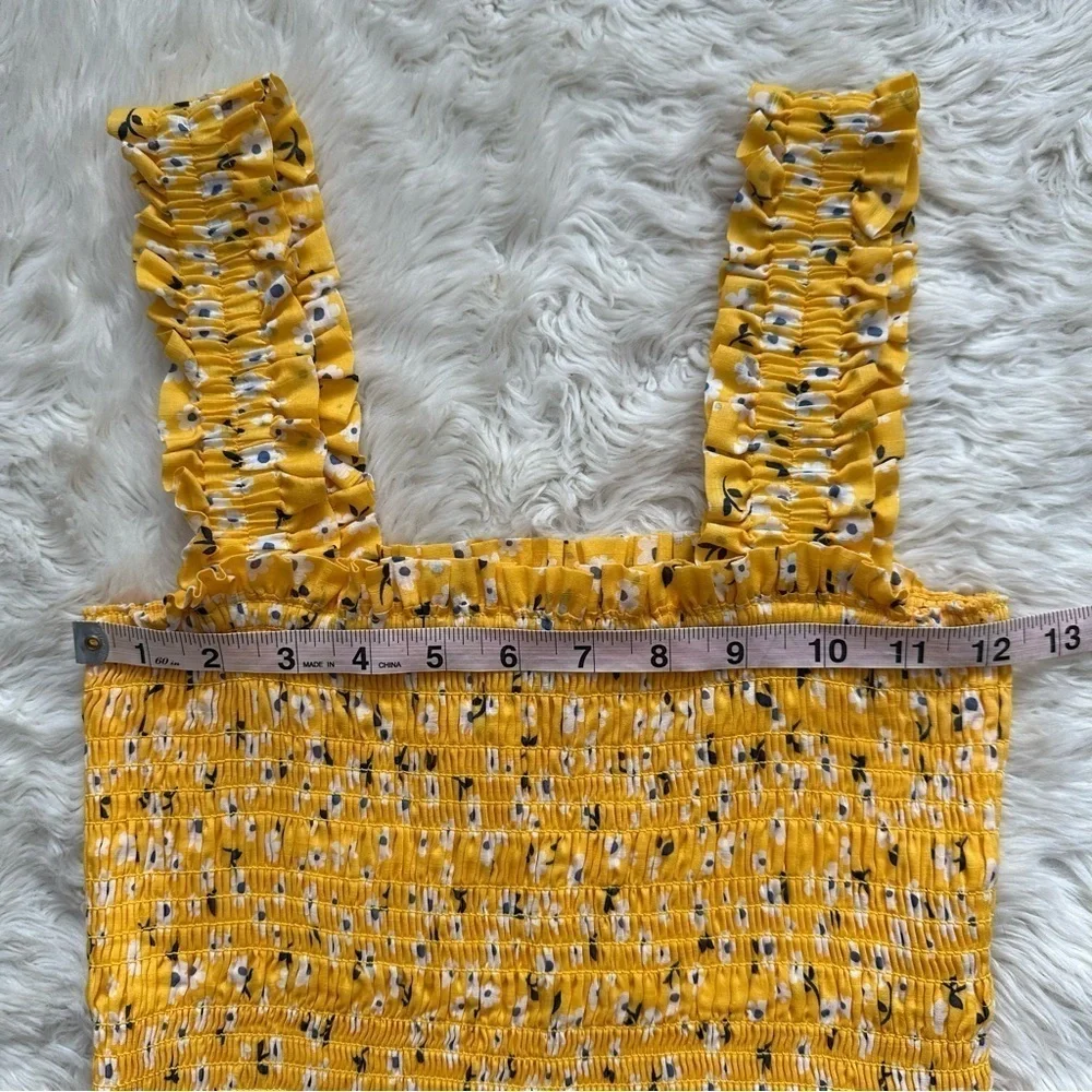 Kate Spade Tank Fleurette Toss Smocked Top 100% Cotton Floral Yellow XS